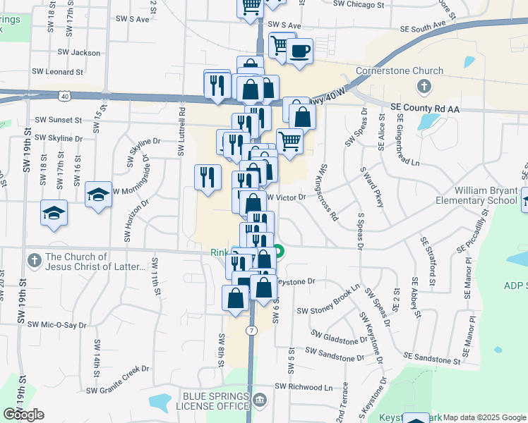 map of restaurants, bars, coffee shops, grocery stores, and more near 1200 Missouri 7 in Blue Springs