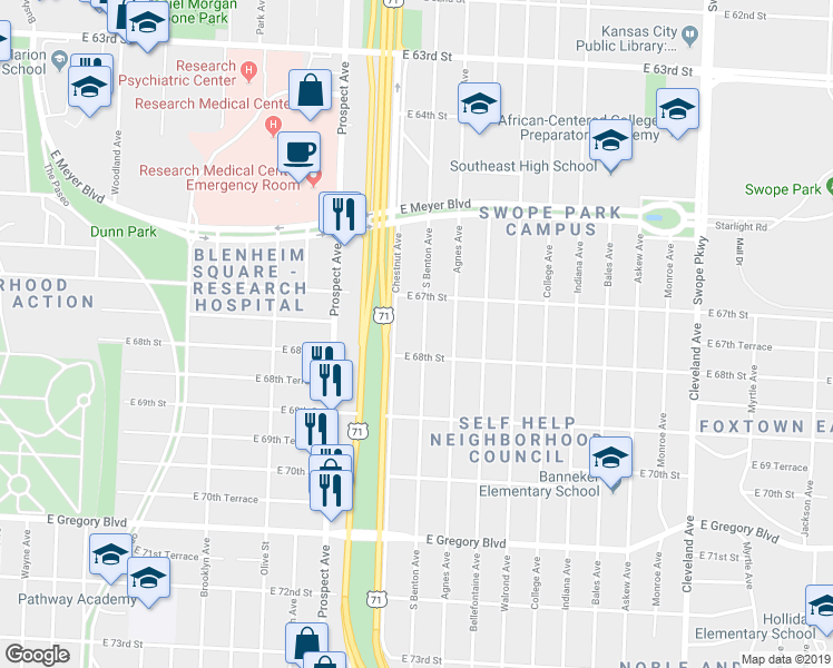 map of restaurants, bars, coffee shops, grocery stores, and more near 6715 Chestnut Avenue in Kansas City