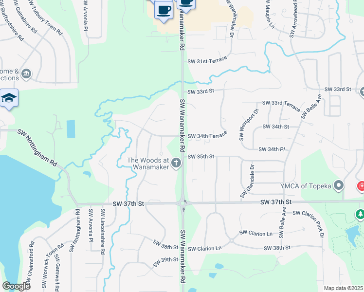 map of restaurants, bars, coffee shops, grocery stores, and more near 6001-6047 SW 34th Terrace in Topeka
