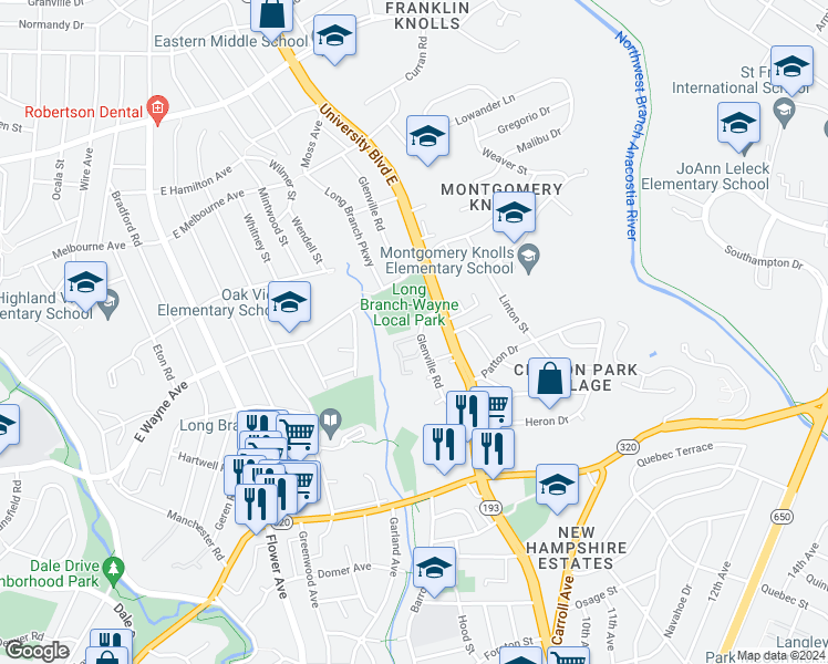 map of restaurants, bars, coffee shops, grocery stores, and more near 9080 Pickwick Village Terrace in Silver Spring