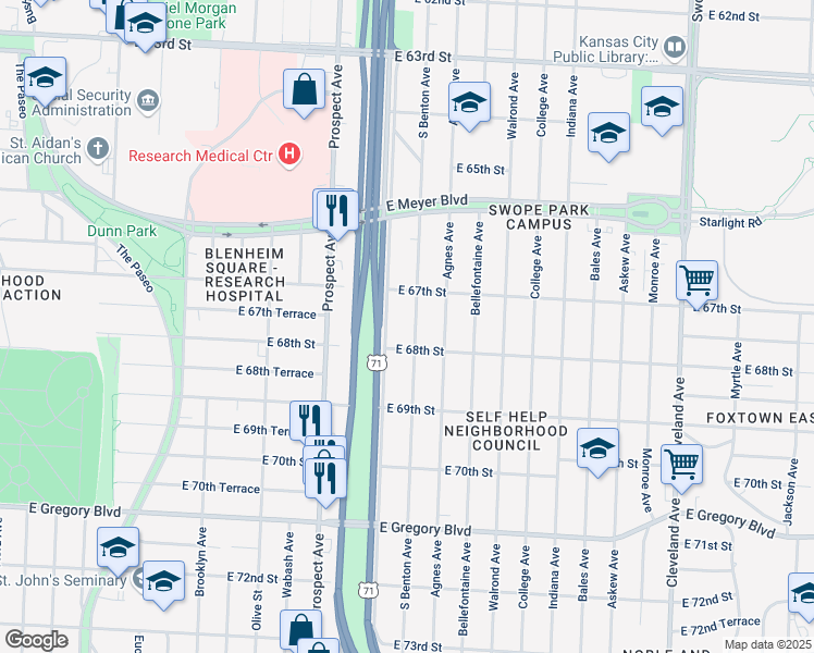 map of restaurants, bars, coffee shops, grocery stores, and more near 6715 Chestnut Avenue in Kansas City