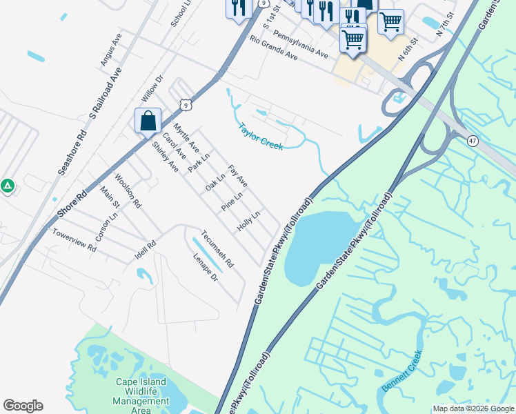 map of restaurants, bars, coffee shops, grocery stores, and more near 973 Fay Avenue in Cape May