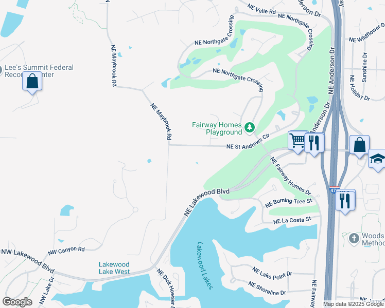 map of restaurants, bars, coffee shops, grocery stores, and more near 325 Northeast Saint Andrews Circle in Lee's Summit