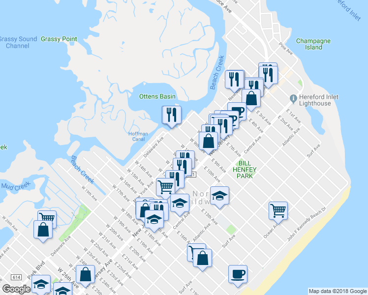map of restaurants, bars, coffee shops, grocery stores, and more near 200 West 10th Avenue in North Wildwood