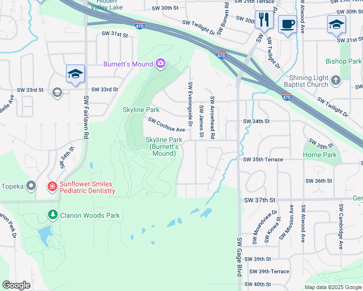 map of restaurants, bars, coffee shops, grocery stores, and more near 3501 Southwest Skyline Parkway in Topeka
