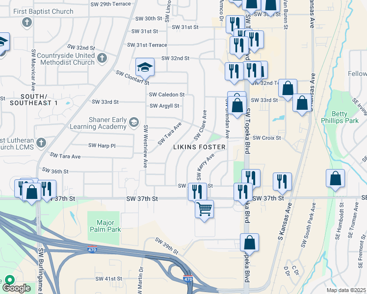 map of restaurants, bars, coffee shops, grocery stores, and more near 3519 Southwest Clare Avenue in Topeka