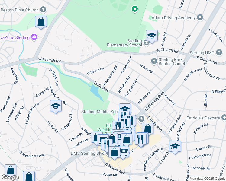 map of restaurants, bars, coffee shops, grocery stores, and more near 404 West Holly Avenue in Sterling