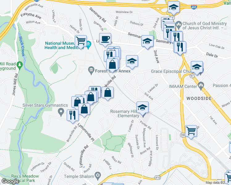 map of restaurants, bars, coffee shops, grocery stores, and more near 9115 Talbot Avenue in Silver Spring