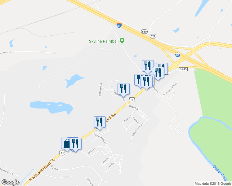 map of restaurants, bars, coffee shops, grocery stores, and more near Founders Way in Strasburg