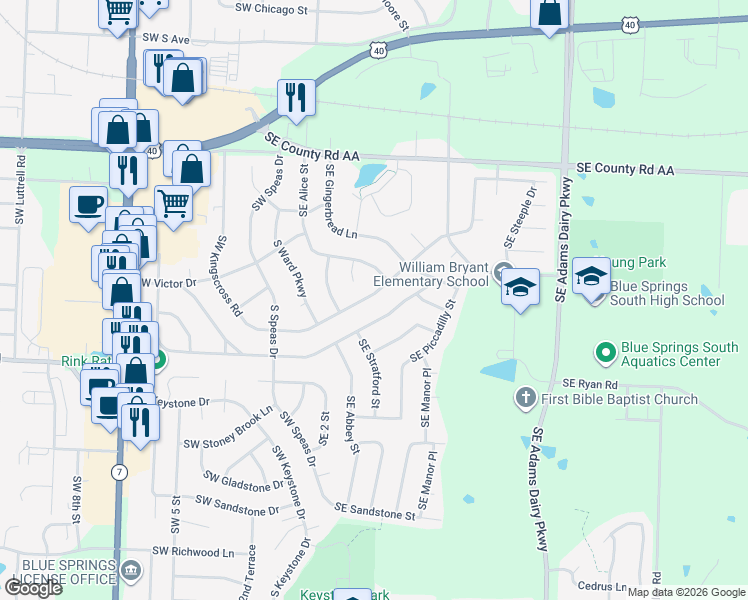 map of restaurants, bars, coffee shops, grocery stores, and more near 220 Southeast Kingscross Road in Blue Springs