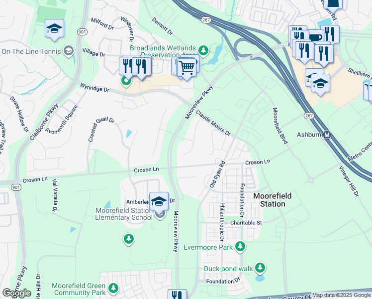 map of restaurants, bars, coffee shops, grocery stores, and more near 22183 Winter Lake Court in Ashburn