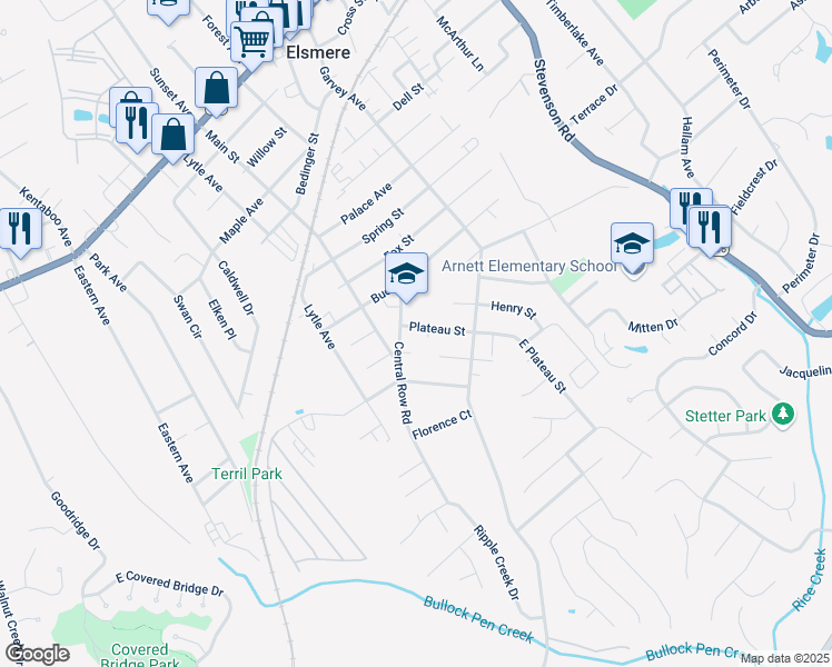 map of restaurants, bars, coffee shops, grocery stores, and more near 1014 Central Row Road in Elsmere