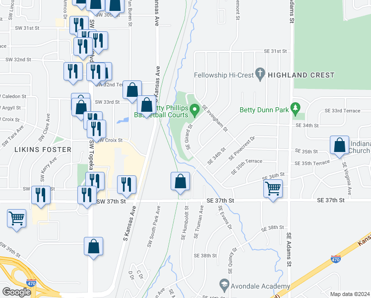 map of restaurants, bars, coffee shops, grocery stores, and more near 3361 Southeast Girard Street in Topeka