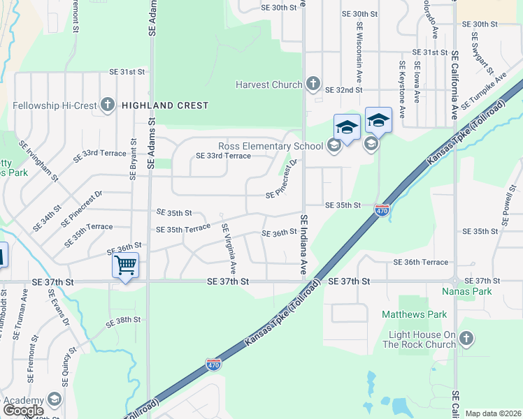 map of restaurants, bars, coffee shops, grocery stores, and more near 1118 Southeast 35th Terrace in Topeka