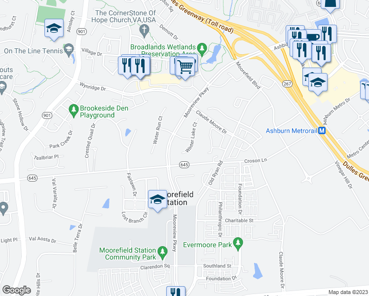 map of restaurants, bars, coffee shops, grocery stores, and more near 22183 Winter Lake Court in Ashburn