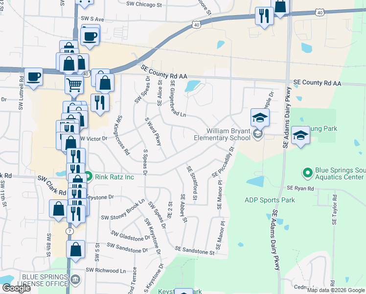 map of restaurants, bars, coffee shops, grocery stores, and more near 1309 Southeast Alice Court in Blue Springs