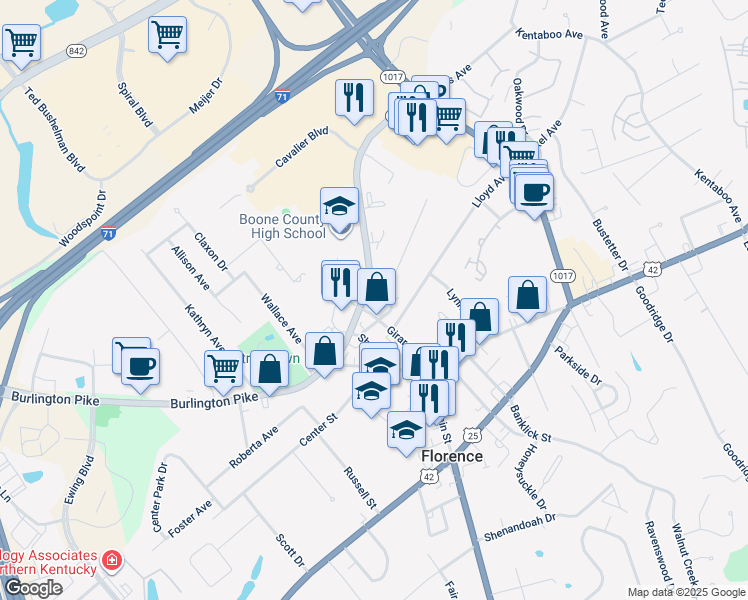 map of restaurants, bars, coffee shops, grocery stores, and more near 7122 Burlington Pike in Florence