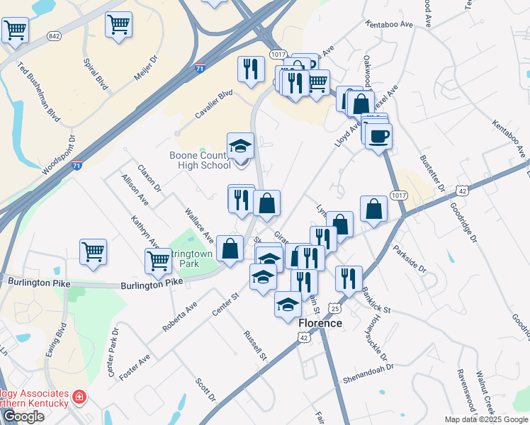 map of restaurants, bars, coffee shops, grocery stores, and more near 7122 Burlington Pike in Florence