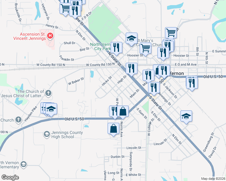 map of restaurants, bars, coffee shops, grocery stores, and more near 303 Stockwell Street in North Vernon
