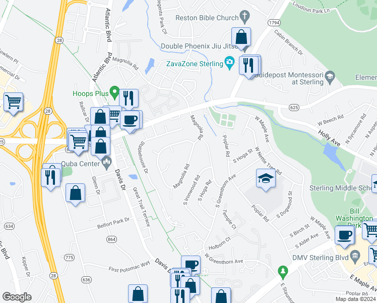 map of restaurants, bars, coffee shops, grocery stores, and more near 121 Magnolia Road in Sterling