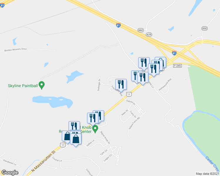 map of restaurants, bars, coffee shops, grocery stores, and more near Potters Circle in Strasburg