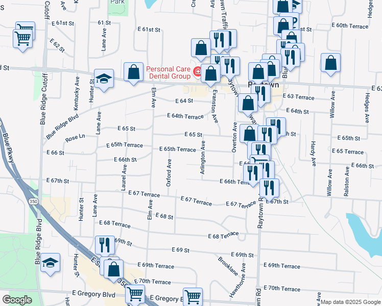 map of restaurants, bars, coffee shops, grocery stores, and more near 9501 East 65th Terrace in Raytown
