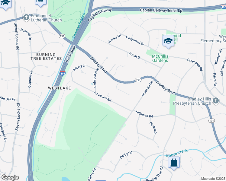 map of restaurants, bars, coffee shops, grocery stores, and more near 7100 Oak Forest Lane in Bethesda
