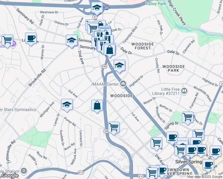map of restaurants, bars, coffee shops, grocery stores, and more near in Silver Spring