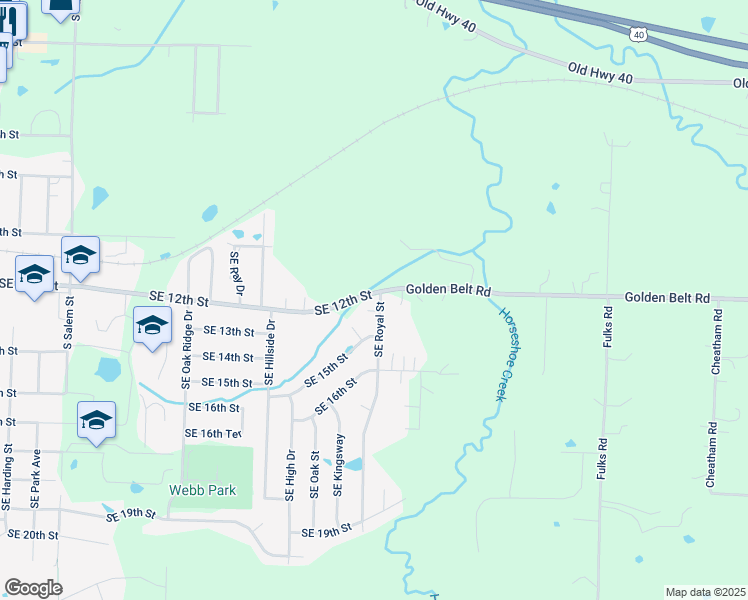 map of restaurants, bars, coffee shops, grocery stores, and more near 1200 Southeast Royal Street in Oak Grove