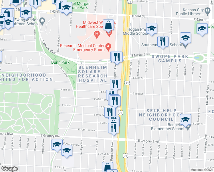 map of restaurants, bars, coffee shops, grocery stores, and more near 2440 East 67th Terrace in Kansas City