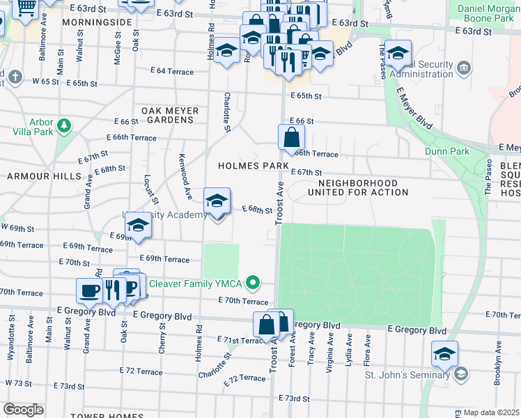 map of restaurants, bars, coffee shops, grocery stores, and more near 904 East 68th Street in Kansas City
