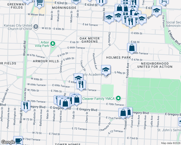 map of restaurants, bars, coffee shops, grocery stores, and more near 6829 Cherry Street in Kansas City