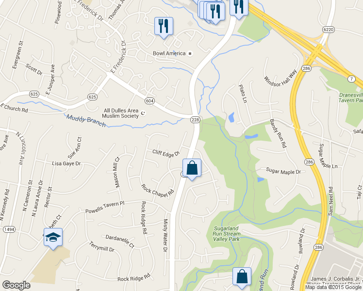 map of restaurants, bars, coffee shops, grocery stores, and more near Butter Churn Dr & Cliff Edge Dr in Fairfax