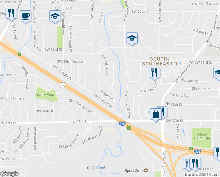 map of restaurants, bars, coffee shops, grocery stores, and more near 3535 Southwest Oak Parkway in Topeka