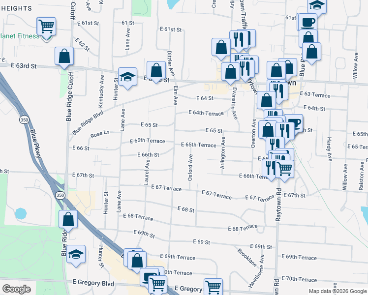 map of restaurants, bars, coffee shops, grocery stores, and more near 9354 East 65th Terrace in Raytown