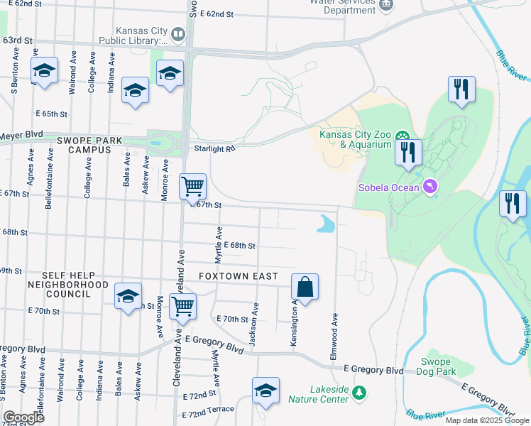 map of restaurants, bars, coffee shops, grocery stores, and more near 4203 East 67th Street in Kansas City