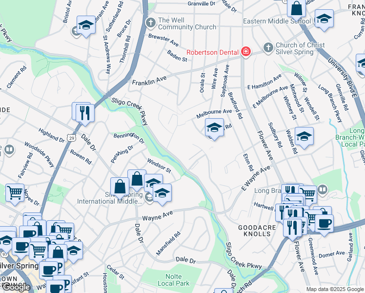 map of restaurants, bars, coffee shops, grocery stores, and more near 9039 Sligo Creek Parkway in Silver Spring
