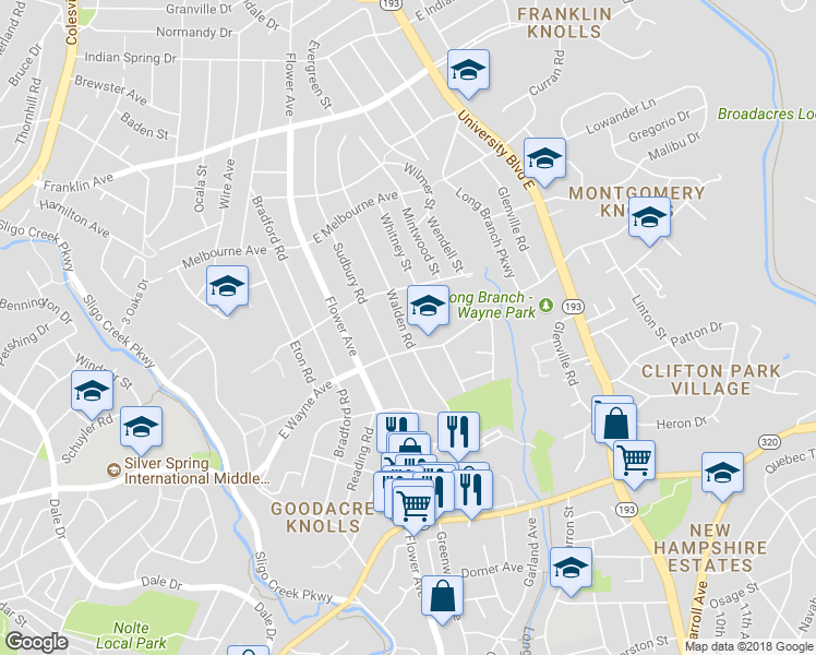map of restaurants, bars, coffee shops, grocery stores, and more near 9007 Walden Road in Silver Spring