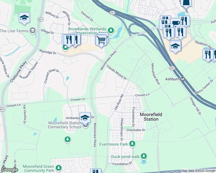 map of restaurants, bars, coffee shops, grocery stores, and more near 22162 Winter Lake Court in Ashburn