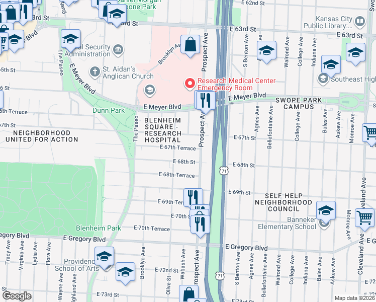 map of restaurants, bars, coffee shops, grocery stores, and more near 2440 East 67th Terrace in Kansas City