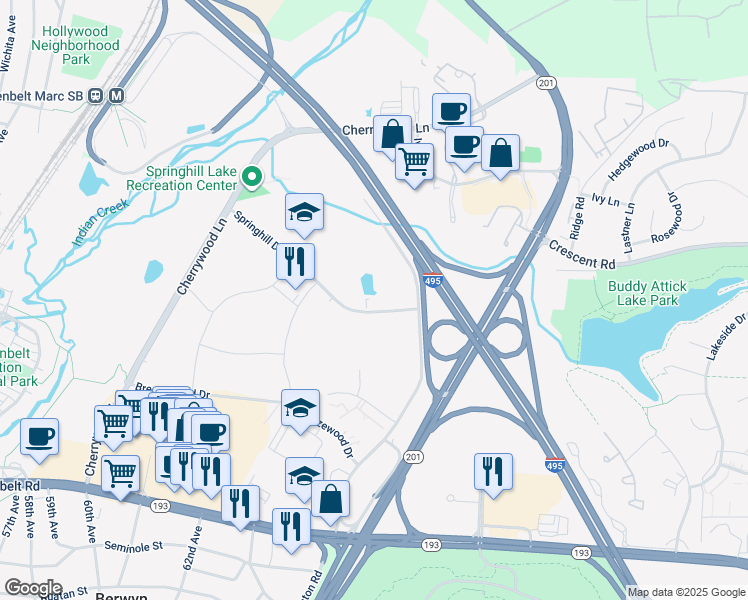 map of restaurants, bars, coffee shops, grocery stores, and more near 6220 Springhill Drive in Greenbelt
