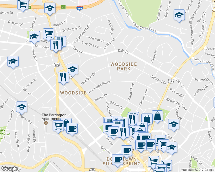 map of restaurants, bars, coffee shops, grocery stores, and more near 1304 Woodside Parkway in Silver Spring