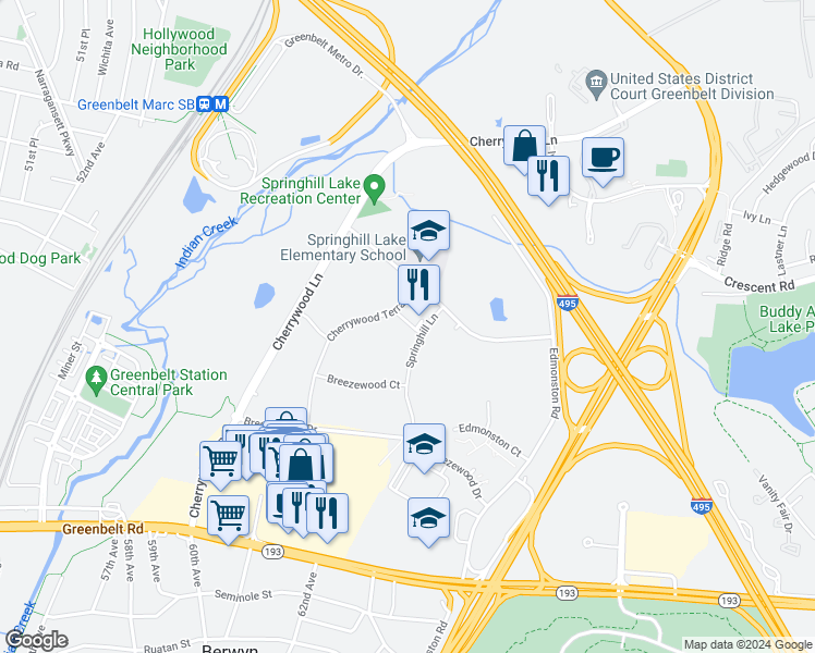 map of restaurants, bars, coffee shops, grocery stores, and more near 9208 Springhill Lane in Greenbelt