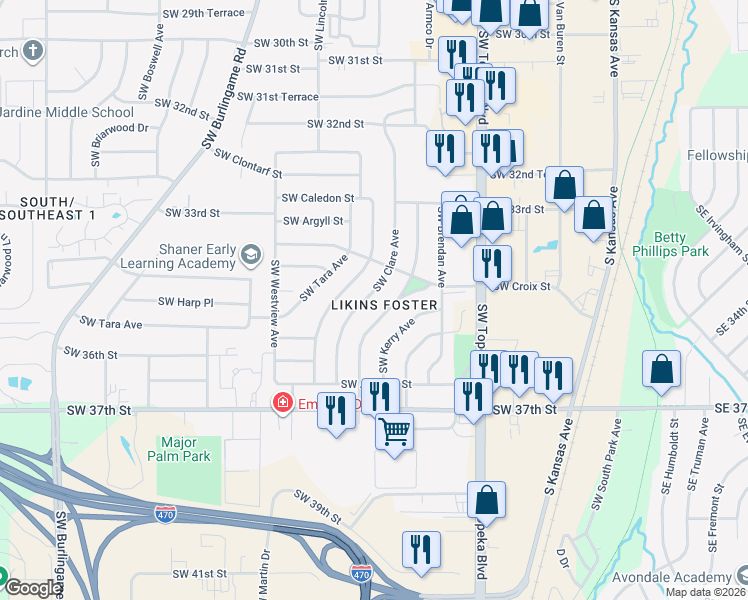 map of restaurants, bars, coffee shops, grocery stores, and more near 3477 Southwest Clare Avenue in Topeka