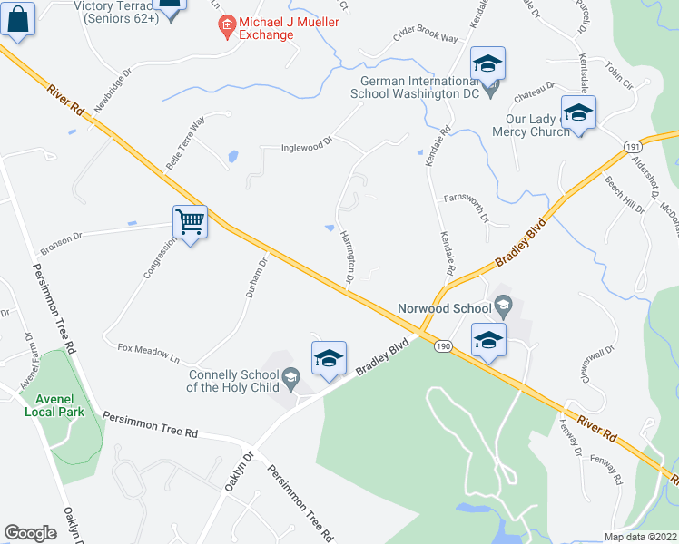 map of restaurants, bars, coffee shops, grocery stores, and more near 9101 River Road in Rockville