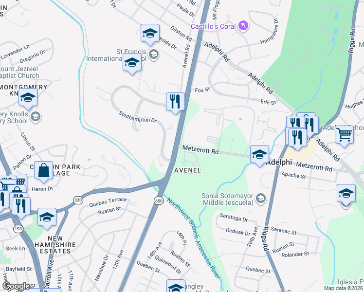 map of restaurants, bars, coffee shops, grocery stores, and more near 9201 New Hampshire Avenue Northeast in Silver Spring