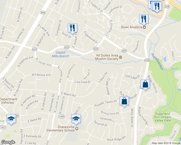 map of restaurants, bars, coffee shops, grocery stores, and more near 110 Sue Ann Court in Sterling