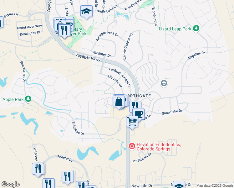 map of restaurants, bars, coffee shops, grocery stores, and more near 1641 Lily Lake Drive in Colorado Springs