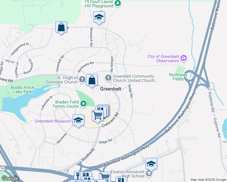 map of restaurants, bars, coffee shops, grocery stores, and more near 22 Crescent Road in Greenbelt