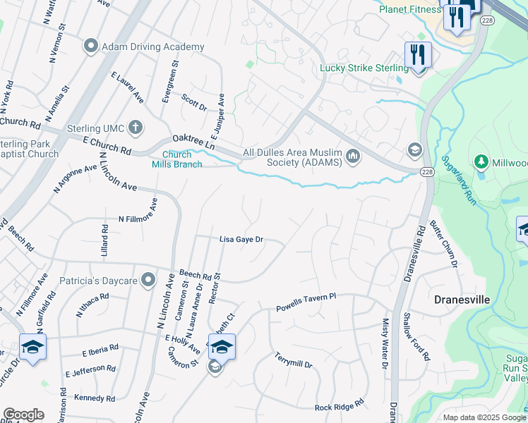 map of restaurants, bars, coffee shops, grocery stores, and more near 110 Sue Ann Court in Sterling